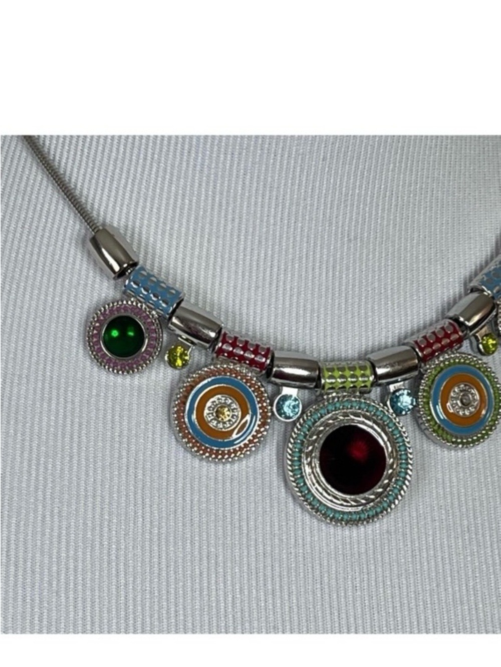 Boho Silver Tone Colorful Crystal Enamel Multi Pendant Necklace - Picture 7 of 9